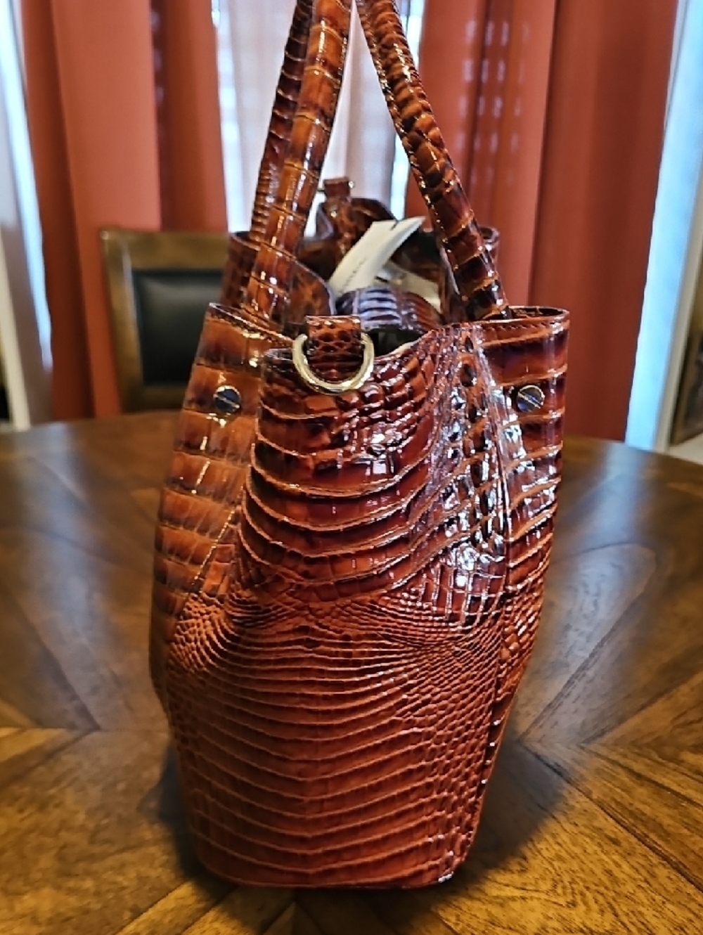 Brahmin Cognac Croc-Embossed Leather Handbag With Shoulder Strap - Picture 4 of 9